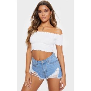 White Short Sleeve Frill Edge Bardot Top